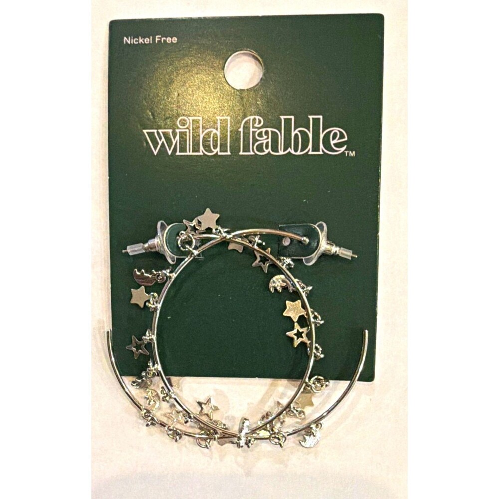Wild Fable Silver Tone Nickel-Free Celestial Star Charm Hoop Earrings NWT